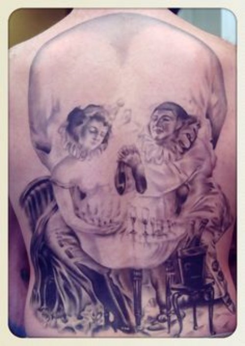 Grey Ink Skull And Joker Optical Illusion Tattoo On Back